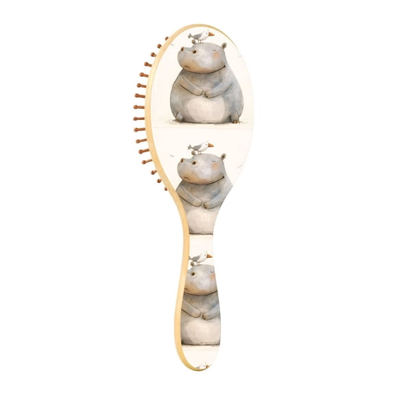 JSTEL Hippo Hippopotamus and Bird Hair Brush for Women Men Natural Wood Detangler Brushes for All Hair Types Hairbrush for Wet & Dry