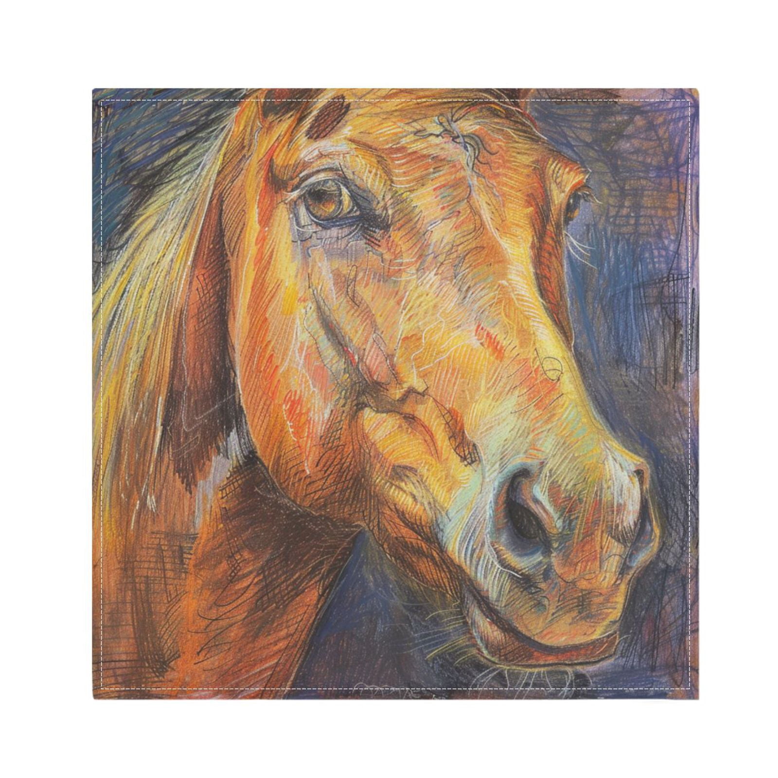 JSTEL Horse Head Crayon Drawing Cloth Napkins Set of 6, 20x20 Inch Washable and Reusable Napkin for Decoupage Dinner Party Everyday Use
