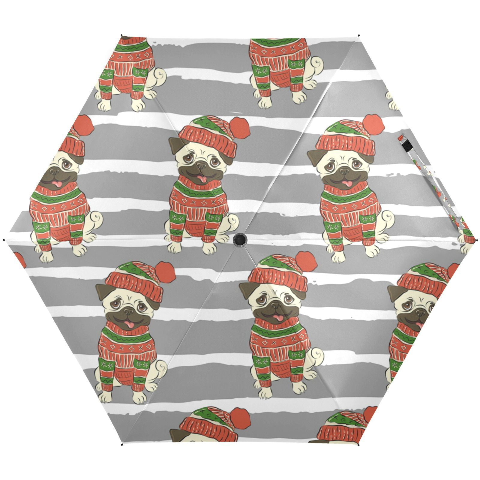 JSTEL Hristmas Funny Pug Dog Stripe Folding Umbrella for Rain Sun