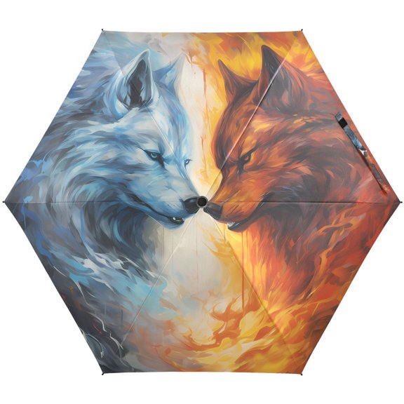 JSTEL Ice Wolf & Fire Wolf Folding Umbrella for Rain Sun Travel Mini Lightweight Compact Umbrellas