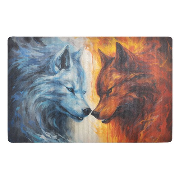 JSTEL Ice Wolf & Fire Wolf Front Door Mat Outside Entrance 32x20 Inch Doormat for Outdoor Indoor Washable Non Slip Floor Mats