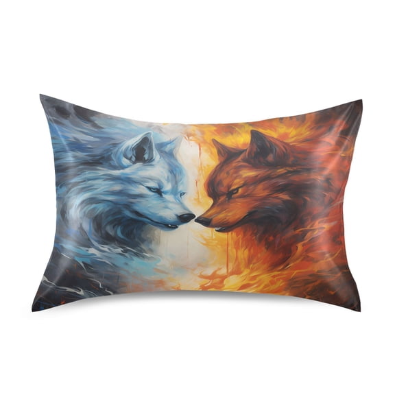 JSTEL Ice Wolf & Fire Wolf Satin Pillowcase King Size Pillow Cases Envelope Closure Bed Pillow Cover, 20 x 40 inch
