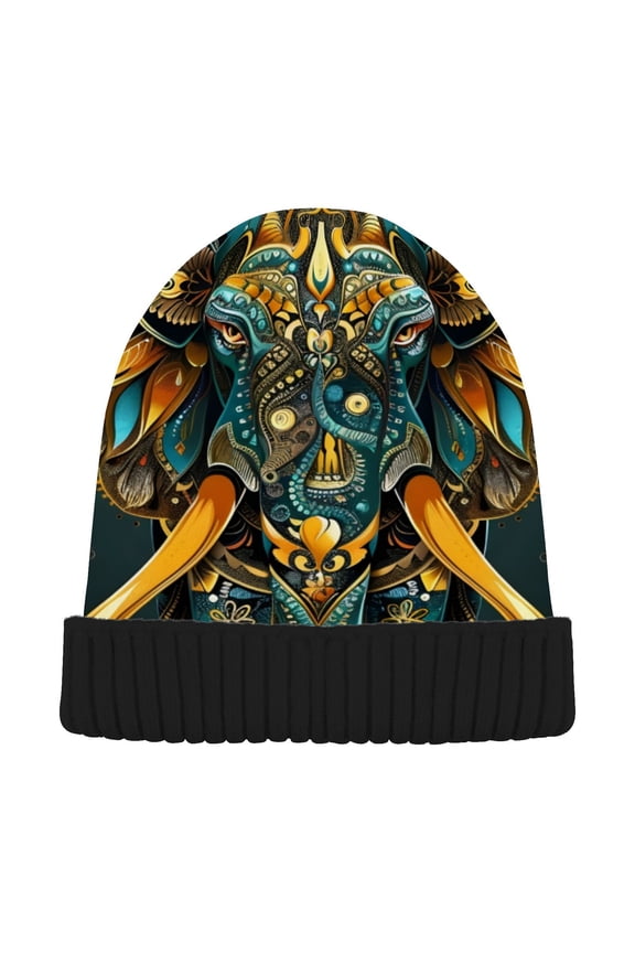 Indian Elephant Mandala Beanie for Women Men Winter Hat Reversible Skull Knit Cap