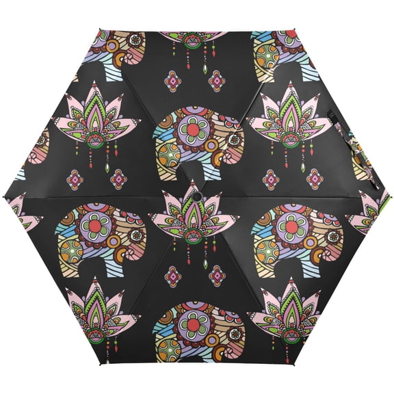 JSTEL Indian Lotus Elephant African Tribal Folding Umbrella for Rain Sun Travel Mini Lightweight Compact Umbrellas