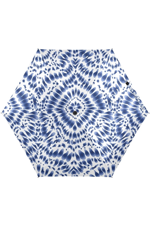 Indigo Blue Tie Dye Folding Umbrella for Rain Sun Travel Mini Lightweight Compact Umbrellas
