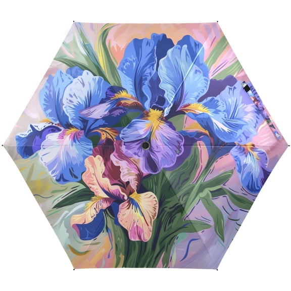 JSTEL Iris Flower Bouquet Painting Folding Umbrella for Rain Sun Travel Mini Lightweight Compact Umbrellas