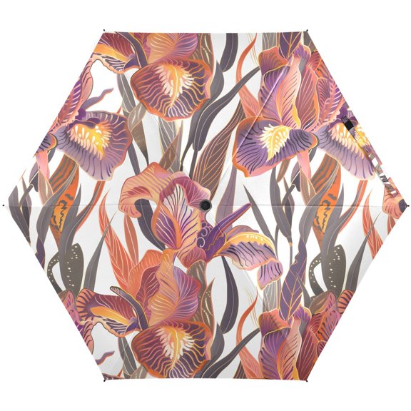 JSTEL Iris Flower Floral Folding Umbrella for Rain Sun Travel Mini Lightweight Compact Umbrellas