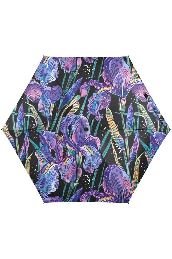 Iris Flower Floral Folding Umbrella for Rain Sun Travel Mini Lightweight Compact Umbrellas