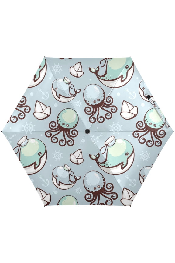 Kawaii Whale Octopus Anchor Folding Umbrella for Rain Sun Travel Mini Lightweight Compact Umbrellas