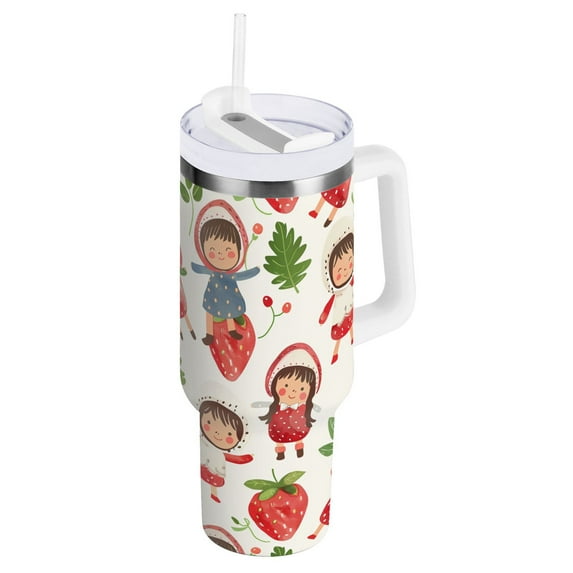 JSTEL Kids Strawberry 40 oz Tumbler Stainless Steel Water Bottle Vacuum Insulated Cup with Straw Lid & Handle For Travel Car Cup Holder