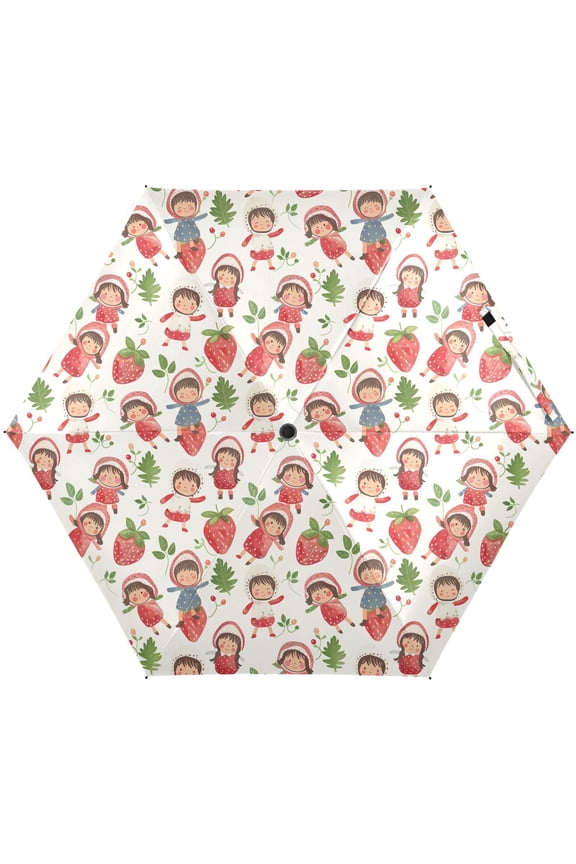 Kids Strawberry Folding Umbrella for Rain Sun Travel Mini Lightweight Compact Umbrellas