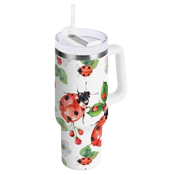 JSTEL Lady Bug Flower Leaf 30 oz Tumbler Stainless Steel Water Bottle Vacuum Insulated Cup with Straw Lid & Handle For Travel Car Cup Holder