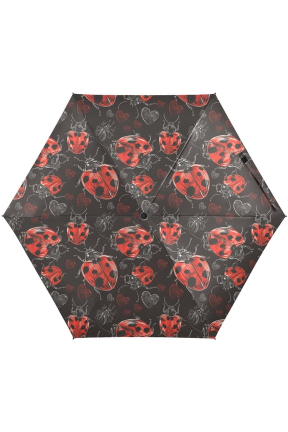 Lady Bug Hearts Folding Umbrella for Rain Sun Travel Mini Lightweight Compact Umbrellas