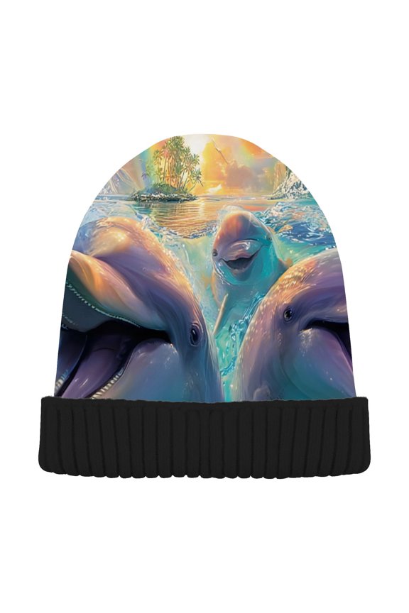 Laughing Dolphins in Ocean Beanie for Women Men Winter Hat Reversible Skull Knit Cap