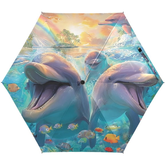 JSTEL Laughing Dolphins in Ocean Folding Umbrella for Rain Sun Travel Mini Lightweight Compact Umbrellas