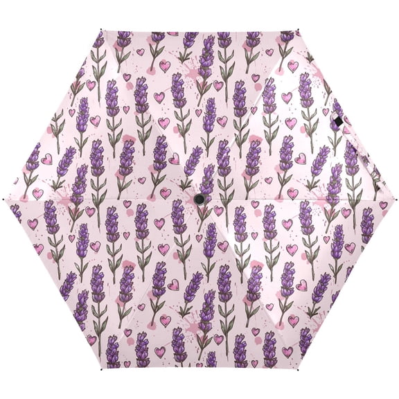 JSTEL Lavender Flower Floral Heart Folding Umbrella for Rain Sun Travel Mini Lightweight Compact Umbrellas