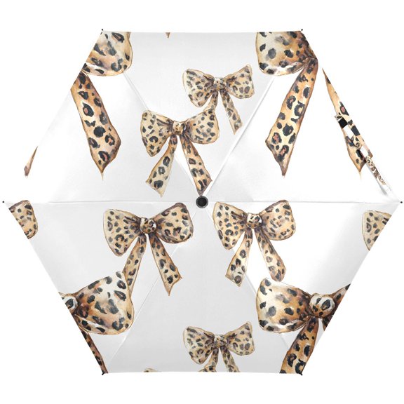 JSTEL Leopard Bow Folding Umbrella for Rain Sun Travel Mini Lightweight Compact Umbrellas