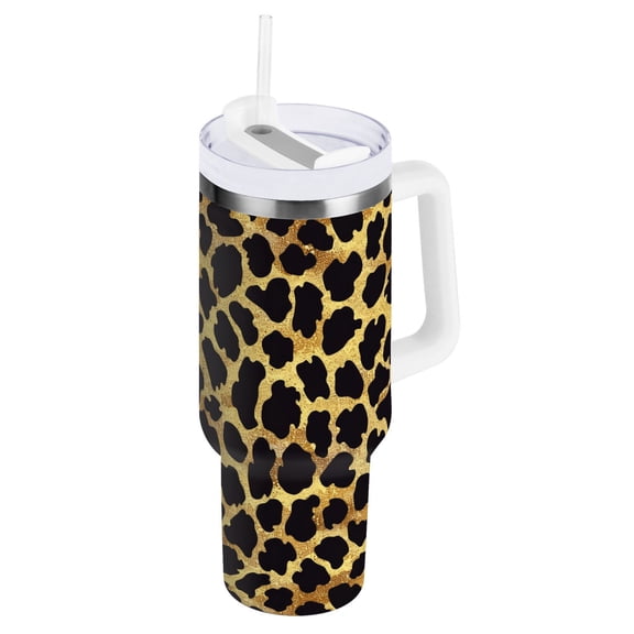 JSTEL Leopard Print Gold Cheetah 30 oz Tumbler Stainless Steel Water Bottle Vacuum Insulated Cup with Straw Lid & Handle For Travel Car Cup Holder