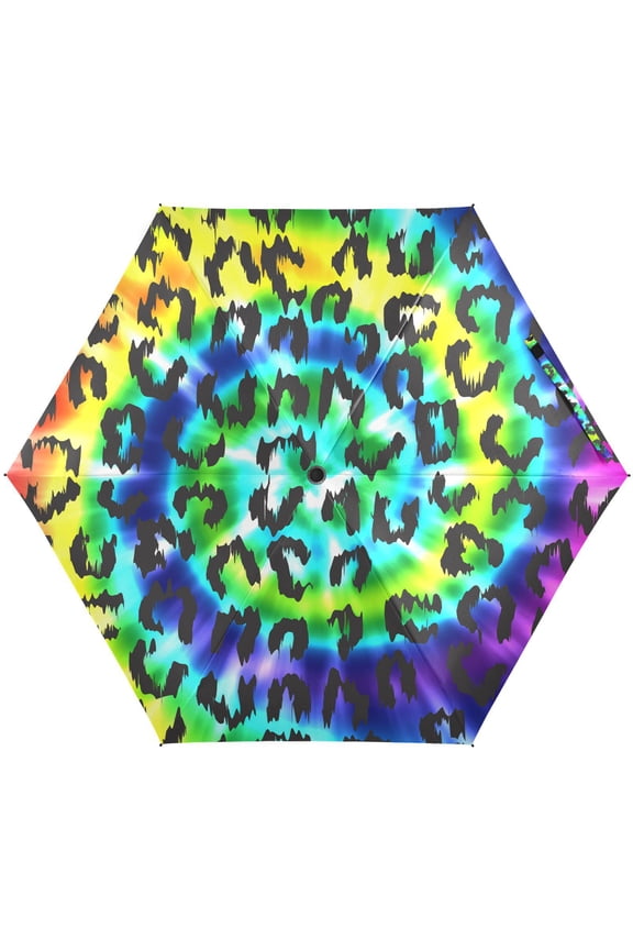 Leopard Print Tie Dye Cheetah Rainbow Spiral Folding Umbrella for Rain Sun Travel Mini Lightweight Compact Umbrellas