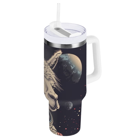 JSTEL Llama Alpaca Astronaut Space 30 oz Tumbler Stainless Steel Water Bottle Vacuum Insulated Cup with Straw Lid & Handle For Travel Car Cup Holder