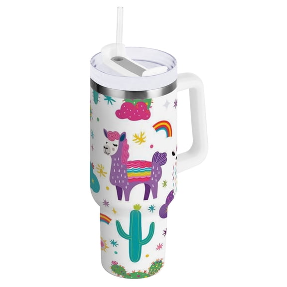JSTEL Llama Alpaca Cactus Rainbow 30 oz Tumbler Stainless Steel Water Bottle Vacuum Insulated Cup with Straw Lid & Handle For Travel Car Cup Holder