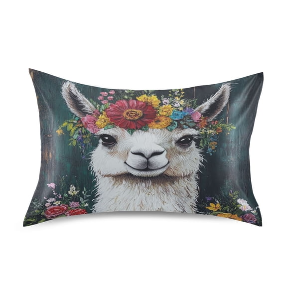 JSTEL Llama Alpaca Wreath Satin Pillowcase Queen Size Pillow Cases Envelope Closure Bed Pillow Cover, 20 x 30 inch