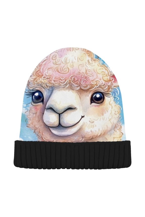 Llama Cute Alpaca Watercolor Beanie for Women Men Winter Hat Reversible Skull Knit Cap