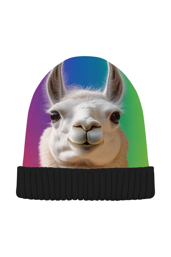 Llama Rainbow Color Beanie for Women Men Winter Hat Reversible Skull Knit Cap