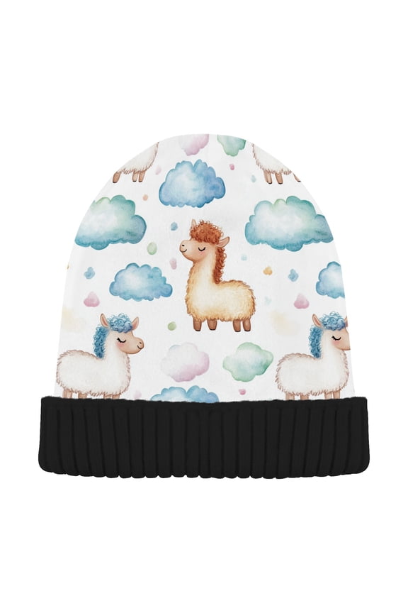 Llamas Alpaca Cute Clouds Beanie for Women Men Winter Hat Reversible Skull Knit Cap