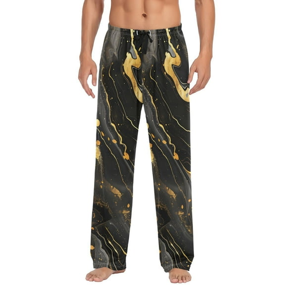 JSTEL Luxury Black & Gold Marble Men's Sleepwear Mens Pajama Pants Bottoms with Pockets, M