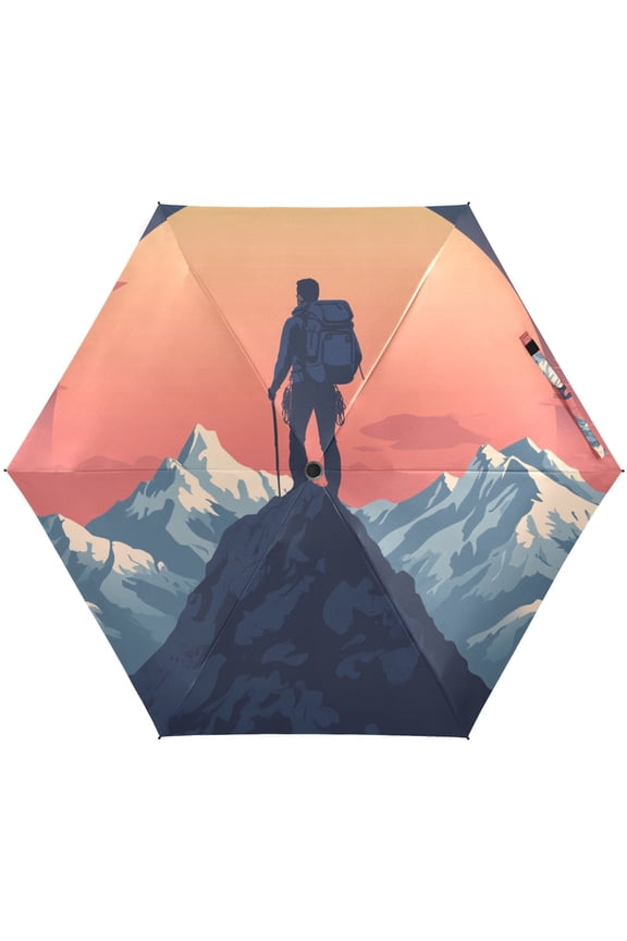 Man Mountain Sunset Travel Folding Umbrella for Rain Sun Travel Mini Lightweight Compact Umbrellas