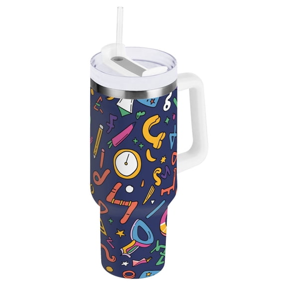 JSTEL Math Cartoon Colorful 40 oz Tumbler Stainless Steel Water Bottle Vacuum Insulated Cup with Straw Lid & Handle For Travel Car Cup Holder