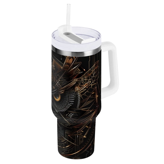 JSTEL Mecha Owl Cyberpunk Black & Gold 40 oz Tumbler Stainless Steel Water Bottle Vacuum Insulated Cup with Straw Lid & Handle For Travel Car Cup Holder