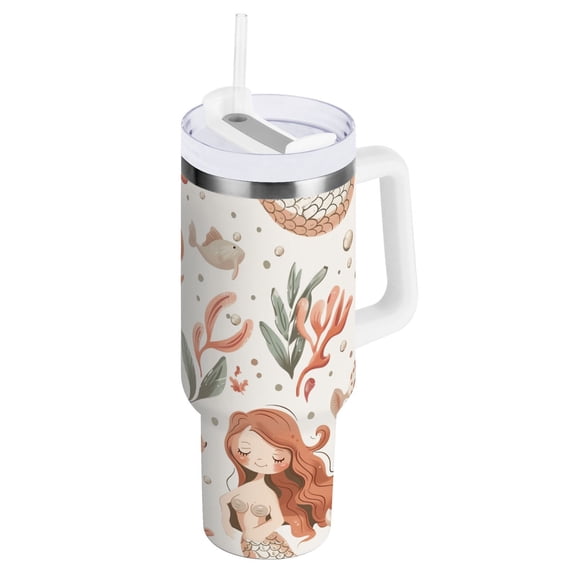 JSTEL Mermaid Pearl Fish 30 oz Tumbler Stainless Steel Water Bottle Vacuum Insulated Cup with Straw Lid & Handle For Travel Car Cup Holder