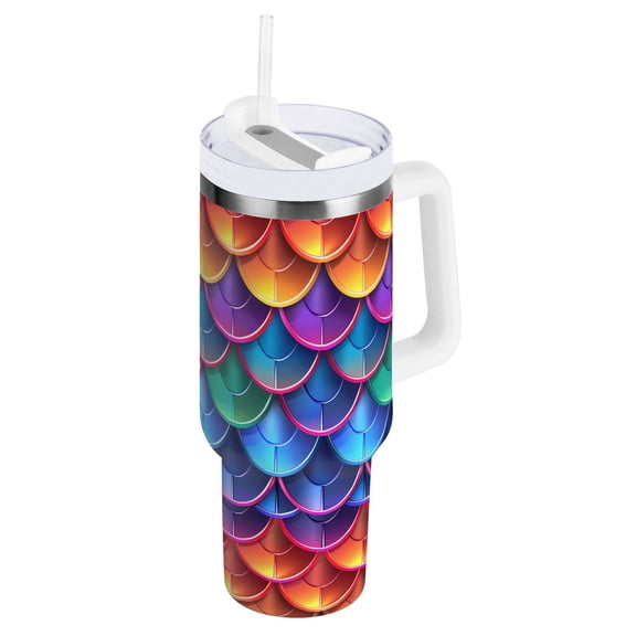 JSTEL Mermaid Print Rainbow Color 30 oz Tumbler Stainless Steel Water Bottle Vacuum Insulated Cup with Straw Lid & Handle For Travel Car Cup Holder