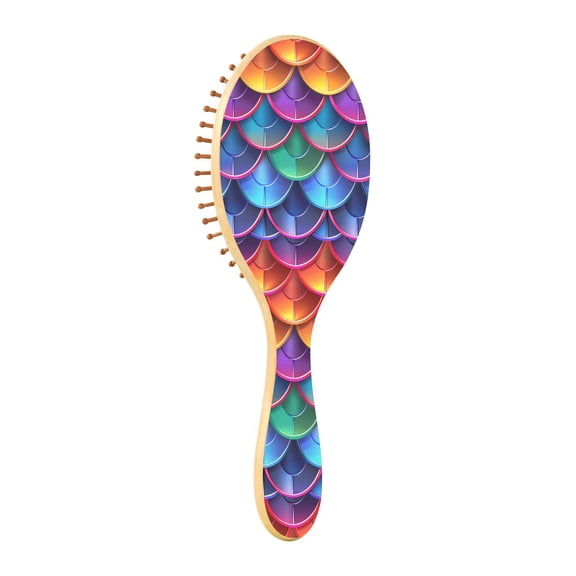 JSTEL Mermaid Print Rainbow Color Hair Brush for Women Men Natural Wood Detangler Brushes for All Hair Types Hairbrush for Wet & Dry