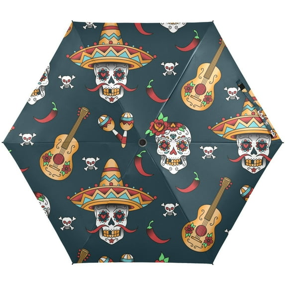 JSTEL Mexican Sugar Skulls with Guitar Folding Umbrella for Rain Sun Travel Mini Lightweight Compact Umbrellas