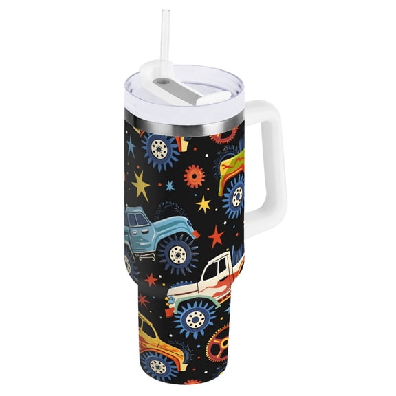 JSTEL Monster Truck Stars 30 oz Tumbler Stainless Steel Water Bottle Vacuum Insulated Cup with Straw Lid & Handle For Travel Car Cup Holder