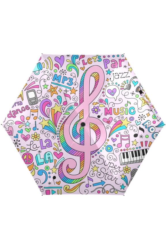 Music Note Peace Love Sign Folding Umbrella for Rain Sun Travel Mini Lightweight Compact Umbrellas