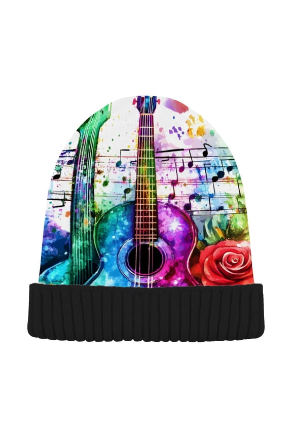 Music Notes Guitar Beanie for Women Men Winter Hat Reversible Skull Knit Cap