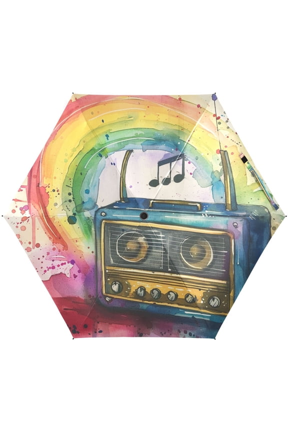 Music Notes Radio Rainbow Folding Umbrella for Rain Sun Travel Mini Lightweight Compact Umbrellas