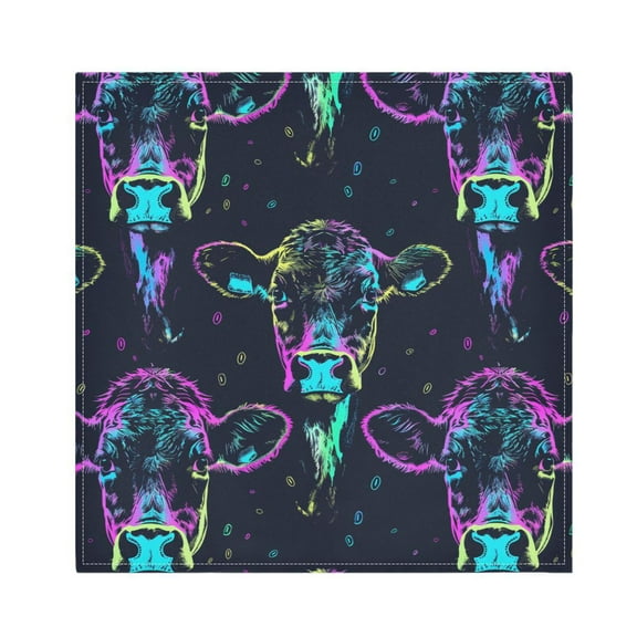 JSTEL Neon Cow Portrait Print Cloth Napkins Set of 1, 20x20 Inch Washable and Reusable Napkin for Decoupage Dinner Party Everyday Use