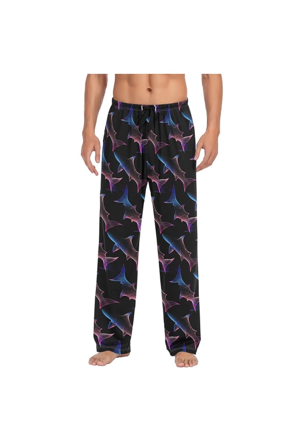 Neon Shark Print Men's Sleepwear Mens Pajama Pants Bottoms with Pockets, L