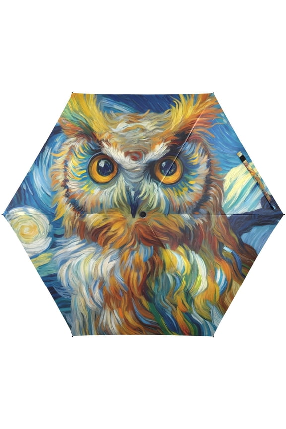 Owl Starry Sky Van Gogh Folding Umbrella for Rain Sun Travel Mini Lightweight Compact Umbrellas