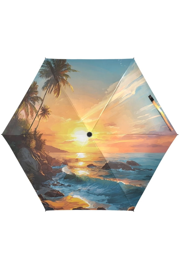 Palm Beach Sunset Folding Umbrella for Rain Sun Travel Mini Lightweight Compact Umbrellas
