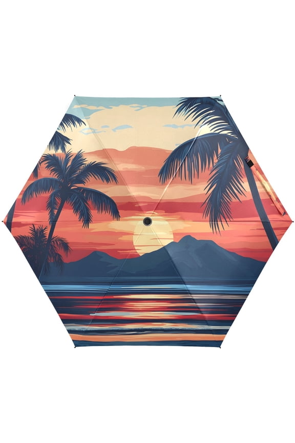 Palm Sunset Seaside Folding Umbrella for Rain Sun Travel Mini Lightweight Compact Umbrellas