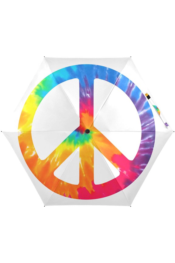 Peace Sign Symbol Tie Dye Folding Umbrella for Rain Sun Travel Mini Lightweight Compact Umbrellas