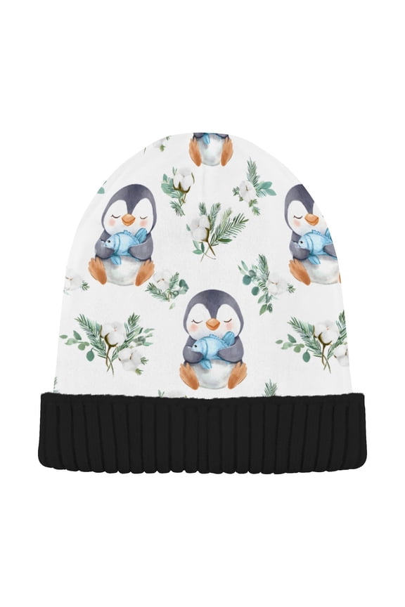 Penguin Holding Fish Beanie for Women Men Winter Hat Reversible Skull Knit Cap