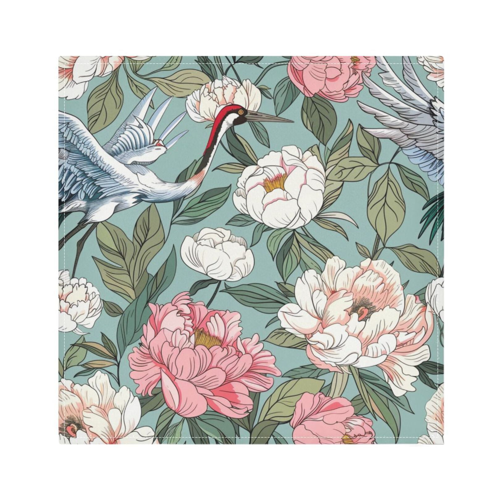 JSTEL Peony Flowers Crane Cloth Napkins Set of 6, 20x20 Inch Washable and Reusable Napkin for Decoupage Dinner Party Everyday Use