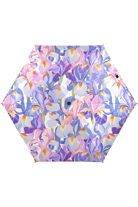 Pink & Blue Iris Flower Folding Umbrella for Rain Sun Travel Mini Lightweight Compact Umbrellas